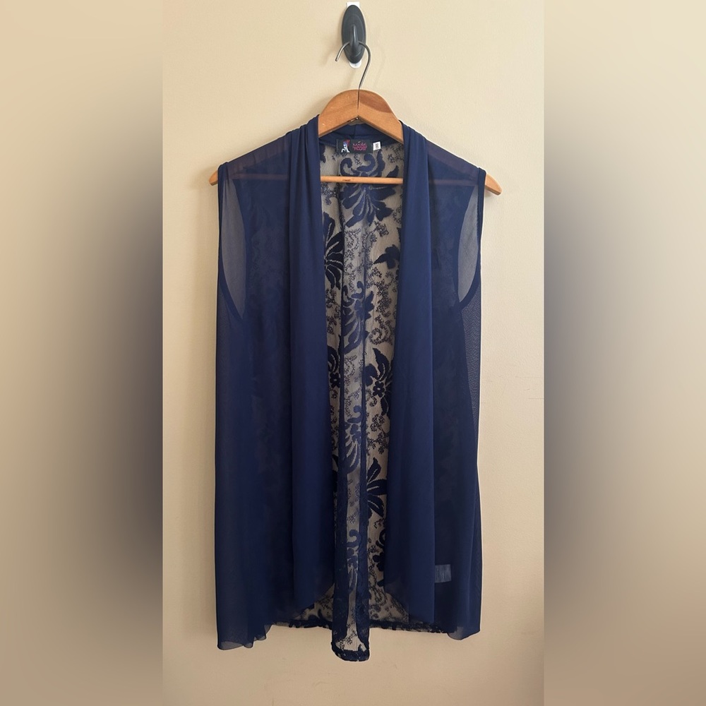 Blue Sleeveless Sheer Kimono Vest with Floral Pattern